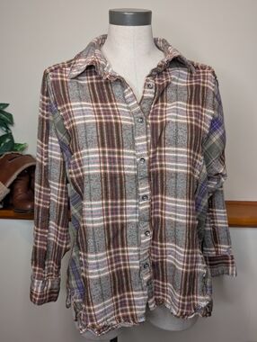 New In Mixed Plaid Patchwork Flannel Shirt Women's Large Boho Raw Edge Button L